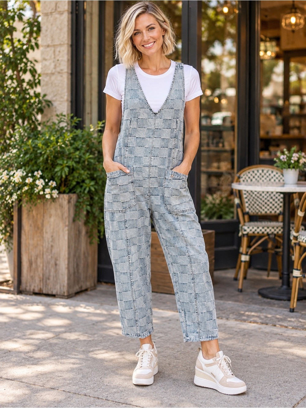 Light Blue Patchwork Denim Women's Jumpsuit Overalls large